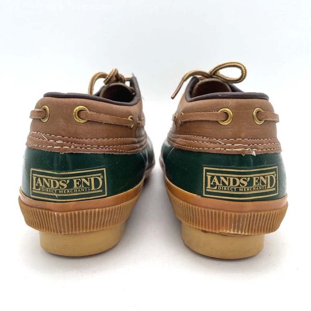 VTG Lands' End Insulated Duck Shoes Sz 8 Green Brown Rubber Leather Sherpa Lined